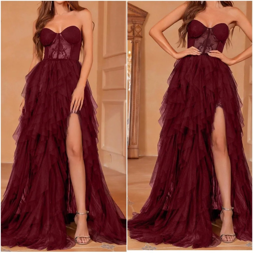 Luxe Strapless Lace Party Holiday Evening Formal Wedding Party - Picture 2 of 15